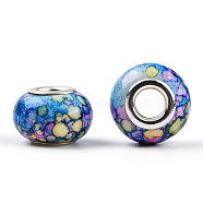 Opaque Resin European Beads, Imitation Crystal, Two-Tone Large Hole Beads, with Silver Tone Brass Double Cores, Rondelle, Dodger Blue, 14x9.5mm, Hole: 5mm(RPDL-T003-09I)
