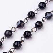 Handmade Dyed Natural Striped Agate/Banded Agate Beaded Chains, Unwelded, for Necklaces Bracelets Making, with Brass Eye Pin, Gunmetal, Black, 39.37 inch(1000mm)(AJEW-JB00270-02)