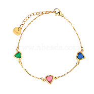 Cubic Zirconia Heart Link Chain Bracelet, with Stainless Steel Chains, Colorful, 5-7/8 inch(15cm)(RF7227-3)