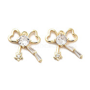Brass Micro Pave Clear Cubic Zirconia Charms, with Glass, Bowknot, Real 18K Gold Plated, 12x13x3mm, Hole: 0.9mm(KK-C054-19G)