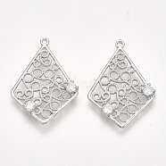 Brass Filigree Pendants, with Cubic Zirconia, Rhombus, Clear, Nickel Free, Real Platinum Plated, 26.5~27.5x18~19x2.5mm, Hole: 1.2mm(KK-T038-334P)