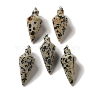 Natural Dalmatian Jasper Pendants, Cone Charms with Rack Plating Platinum Plated Brass Snap on Bails, 36~36.5x15~15.5mm, Hole: 5~6.5x2mm(G-Z055-02P-01)