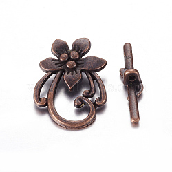 Tibetan Style Alloy Toggle Clasps, Lead Free and Cadmium Free, Red Copper Color, Flower: 20mm wide, 28mm long, Bar: 5mm wide, 30mm long, hole: 2mm(X-RLF0677Y)