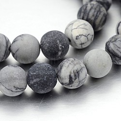 Frosted Round Natural Black Silk Stone/Netstone Bead Strands, 10mm, Hole: 1mm, about 40pcs/strand, 15 inch(G-J276-65-10mm)