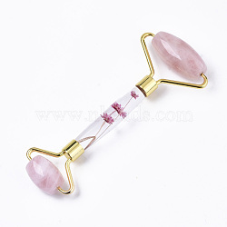 Natural Rose Quartz Massage Tools, Facial Rollers, with K9 Glass & Dried Flower Handle & Zinc Alloy Findings, Golden, 145x57x20.5mm(X-G-R466-01G)