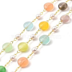 Colorful Cat Eye Flat Round & Glass Pearl Beaded Chains, with Brass Cable Chain, Lead Free & Cadmium Free, Unwelded, with Spool, Real 18K Gold Plated, 5.5x6x3mm(CHC-G017-13G)