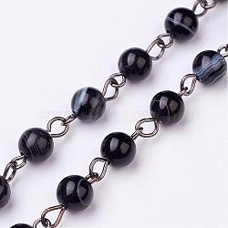 Handmade Dyed Natural Striped Agate/Banded Agate Beaded Chains, Unwelded, for Necklaces Bracelets Making, with Brass Eye Pin, Gunmetal, Black, 39.37 inch(1000mm)(AJEW-JB00270-02)