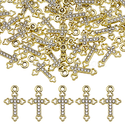 60Pcs Alloy Rhinestone Pendants, Cross Charms, Light Gold, 20x12.5x2mm, Hole: 1.8mm(RB-DC0001-13)
