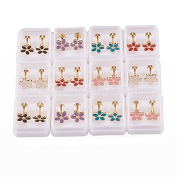 304 Stainless Steel Earlobe Plugs, Screw Back Earrings, with Enamel, Flower, Golden, Mixed Color, 10mm, Pin: 1mm(EJEW-H105-04)