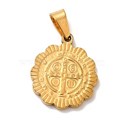 Vacuum Plating 201 Stainless Steel Pendants, Flower with Cssml Ndsmd Cross God Father Religious Christianity, Golden, 21x18x2mm, Hole: 6x3mm(STAS-P314-22A-G)