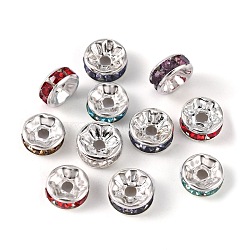 Rhinestone Spacer Beads, Iron with Acrylic Rhinestone, Rondelle, Silver Color Plated, Mixed Color, 8x3.8mm, Hole: 2mm, about 100pcs/bag(RB-B009-M)