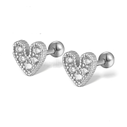 Cubic Zirconia Heart Stud Earrings for Women, Rhodium Plated 925 Sterling Silver Jewelry, Platinum, 6x6.5mm(EJEW-F317-17P)