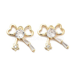 Brass Micro Pave Clear Cubic Zirconia Charms, with Glass, Bowknot, Real 18K Gold Plated, 12x13x3mm, Hole: 0.9mm(KK-C054-19G)