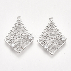 Brass Filigree Pendants, with Cubic Zirconia, Rhombus, Clear, Nickel Free, Real Platinum Plated, 26.5~27.5x18~19x2.5mm, Hole: 1.2mm(KK-T038-334P)