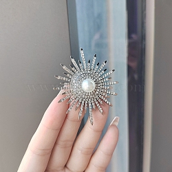 Sunflower Alloy Rhinestone Brooches for Backpack Clothes, with Plastic Pearl, Platinum, 60x50mm(PW-WGE9B1D-01)