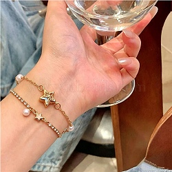 Brass Pave Clear AB Cubic Zirconia Bowknot Star Link Bracelet Sets for Women, with Plastic Imitation Pearl, Adjustable Stackable Slider Bracelets, White, Golden, 7.28 inch(18.5cm) and 1.38 inch(3.5cm)~2.83 inch(7.2cm), 2pcs/set(KK-CBA6599-03G)