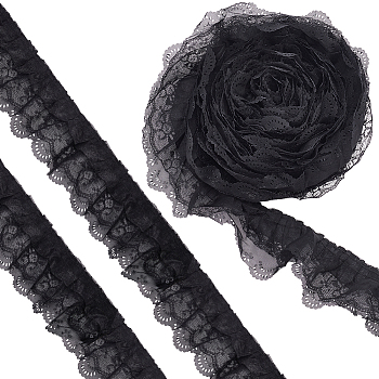 10 Yards 3-Layer Pleated Chiffon Flower Lace Trim, Polyester Ribbon for Jewelry Making, Garment Accessories, Black, 2-1/2 inch(65mm)