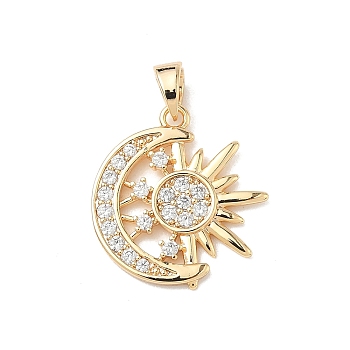 Brass Micro Pave Clear Cubic Zirconia Pendants, Moon & Sun Charms, Real 18K Gold Plated, 18x17x2mm, Hole: 4x3mm