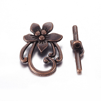 Tibetan Style Alloy Toggle Clasps, Lead Free and Cadmium Free, Red Copper Color, Flower: 20mm wide, 28mm long, Bar: 5mm wide, 30mm long, hole: 2mm