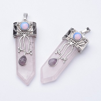 Natural Rose Quartz Big Pointed Pendants, with Brass Finding, 57~61x15~20x10~14mm, Hole: 4x7mm