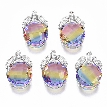 Brass Micro Pave Cubic Zirconia Pendants, with K9 Rainbow Glass, Flat Round, Platinum, Colorful, 19x13x9mm, Hole: 1.8mm