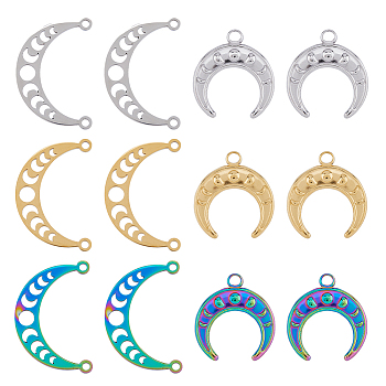 24Pcs 6 Style Ion Plating(IP) 304 Stainless Steel Pendants, Moon Phase & Double Horn/Crescent Moon Charm, Mixed Color, 22.5~30x20~20.5x1.5~2mm, Hole: 1.8~2.7mm, 4pcs/style