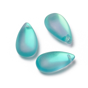 Glass Pendants, Frosted, Teardrop, Aquamarine, 15.5x8.8x5.5mm, Hole: 1mm