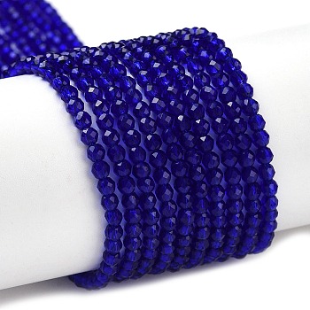 Transparent Glass Beads Strands, Faceted Round, Dark Blue, 2x2mm, Hole: 0.6mm, about 184pcs/strand, 14.49''(36.8cm)