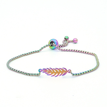 Adjustable 201 Stainless Steel Slider Bracelets, Bolo Bracelets, with Box Chains, Feather, Rainbow Color, 9-7/8 inch(25cm)