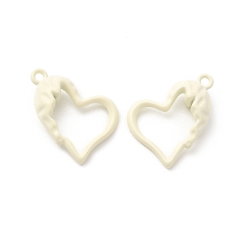 Spray Painted Alloy Pendants, Hollow Heart Charm, Floral White, 21x15.5x0.6mm, Hole: 1.6mm