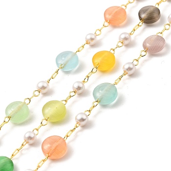 Colorful Cat Eye Flat Round & Glass Pearl Beaded Chains, with Brass Cable Chain, Lead Free & Cadmium Free, Unwelded, with Spool, Real 18K Gold Plated, 5.5x6x3mm