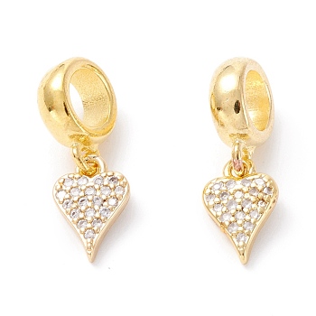 Brass Cubic Zirconia European Dangle Charms, Largr Hole Pendants, Long-Lasting Plated, Real 18K Gold Plated, Peach Hearts, Clear, 18mm, Hole: 5mm, Pendant: 9x6.5x2mm