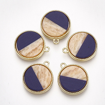 Alloy Pendants, with Two Tone Resin, Flat Round, Light Gold, Dark Blue, 20x17x3mm, Hole: 2mm
