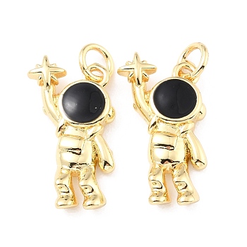 Brass Enamel Pendants, with Jump Ring, Long-Lasting Plated, Real 18K Gold Plated, Astronaut & Star, Black, 20x10x3mm, Jump Ring: 5x0.8mm, 3.4mm Inner Diameter