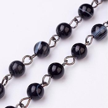 Handmade Dyed Natural Striped Agate/Banded Agate Beaded Chains, Unwelded, for Necklaces Bracelets Making, with Brass Eye Pin, Gunmetal, Black, 39.37 inch(1000mm)
