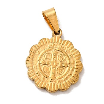 Vacuum Plating 201 Stainless Steel Pendants, Flower with Cssml Ndsmd Cross God Father Religious Christianity, Golden, 21x18x2mm, Hole: 6x3mm