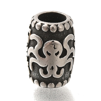 304 Stainless Steel European Beads, Large Hole Beads, Column with Octopus Pattern, Antique Silver, 10x7.5mm, Hole: 4mm