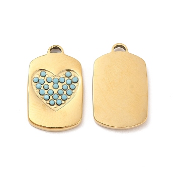 Vacuum Plating 201 Stainless Steel with Rhinestone Pendants, Real 18K Gold Plated, Rectangle with Heart Pattern Charms, Turquoise, 20x12.5x2mm, Hole: 1.2x2.5mm