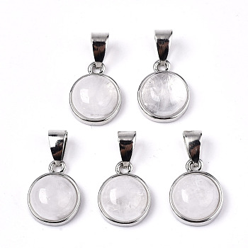 Natural Crackle Quartz Pendants, with Platinum Tone Brass Settings and Platinum Tone Iron Snap on Bails, Half Round/Dome, 15.5x12x6mm, Hole: 5x7mm