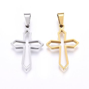 304 Stainless Steel Pendants, Cut-Out, with Hollow, Cross, Mixed Color, 27.5x19x2.2mm, Hole: 8x4mm