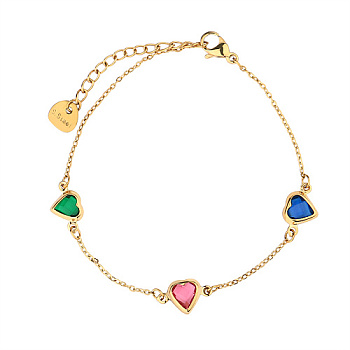 Cubic Zirconia Heart Link Chain Bracelet, with Stainless Steel Chains, Colorful, 5-7/8 inch(15cm)