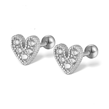 Cubic Zirconia Heart Stud Earrings for Women, Rhodium Plated 925 Sterling Silver Jewelry, Platinum, 6x6.5mm