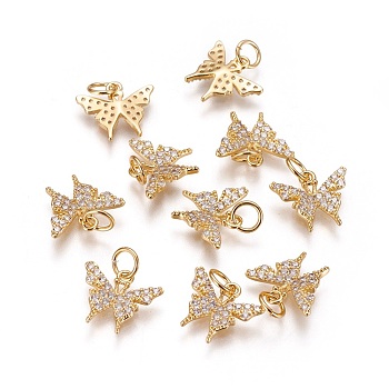Brass Micro Pave Cubic Zirconia Charms, Long-Lasting Plated, Butterfly, Clear, Golden, 11x13x2mm, Hole: 3.5mm