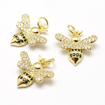 Brass Micro Pave Grade AAA Cubic Zirconia Charms, Bees, Lead Free & Nickel Free & Cadmium Free, Real 18K Gold Plated, 15.5x16x3mm, Hole: 3.5mm