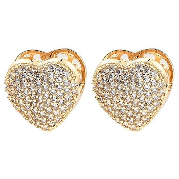 Brass Hoop Earrings with Cubic Zirconia, Heart, Light Gold, 16x16x14mm