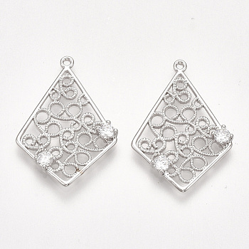 Brass Filigree Pendants, with Cubic Zirconia, Rhombus, Clear, Nickel Free, Real Platinum Plated, 26.5~27.5x18~19x2.5mm, Hole: 1.2mm