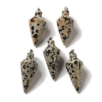 Natural Dalmatian Jasper Pendants, Cone Charms with Rack Plating Platinum Plated Brass Snap on Bails, 36~36.5x15~15.5mm, Hole: 5~6.5x2mm
