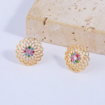 Hollow Flower Brass Stud Earrings, with Cubic Zirconia, Golden, 14.2x14.2mm