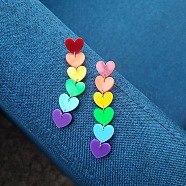 Rainbow Color Pride Flag Acrylic Heart Dangle Stud Earrings, Brass Long Drop Earrings for Women, Colorful, 75x15mm(RABO-PW0001-012P)
