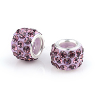 Polymer Clay Rhinestone European Beads, Large Hole Beads, Rondelle, with Silver Color Plated Brass Cores, Light Amethyst, 10~12x7~8mm, Hole: 5mm, Rhinestone: pp17((2.3~2.4mm)(CPDL-S007-04)